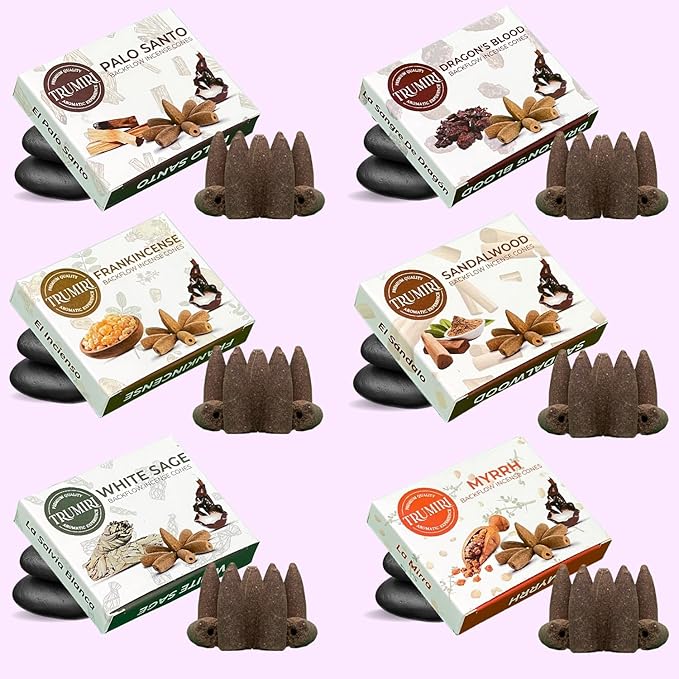 Woody - Backflow Incense Cones for Waterfall - Scented Inscents-Cones - Sandalwood, Dragons Blood, Palo Santo, White Sage - Insiensos Aromaticos - 6x10=60 Large Variety Pack - Back Flow Down Reverse