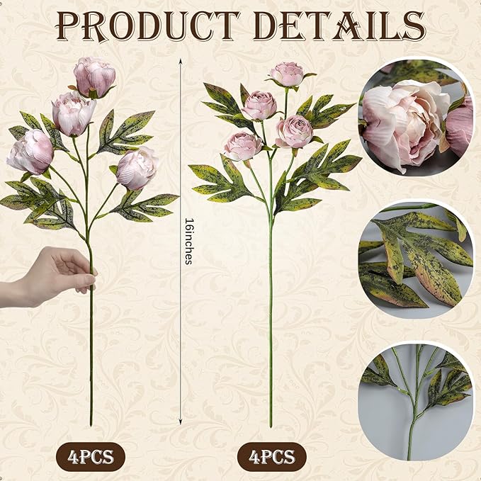 Thiccywoov 8 Pcs Artificial Peonies Stems Flowers Vintage Faux Peonies Stems Real Look Fake Peony Branches for Vase Filler DIY Bouquet Weeding Registry Centerpieces Bridal Shower Gifts Home Decor