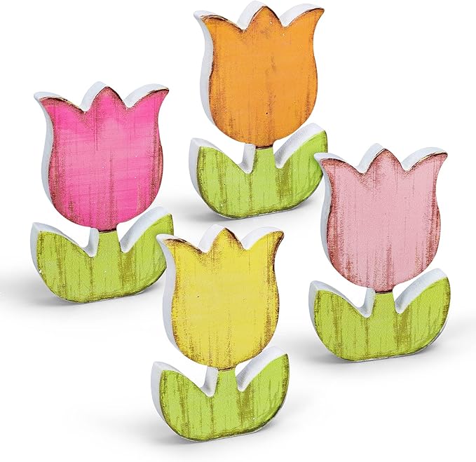 Whaline 4Pcs Spring Tulips Wood Signs Table Decor - Retro Spring Flowers Table Centerpiece Rustic Farmhouse Floral Tiered Tray Decor Tulip Block Wooden Signs for Home Tabletop Decor