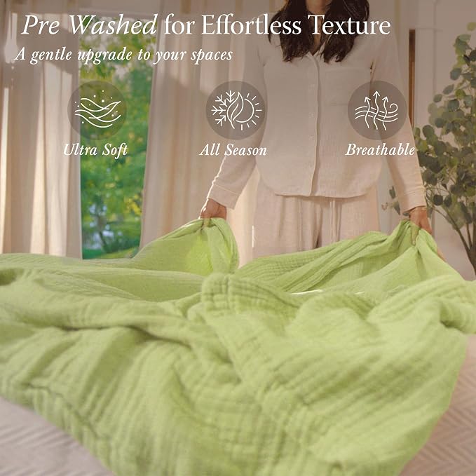 Threadmill Muslin Queen Blanket | Soft, Cozy and Breathable Muslin Throw for Bed | 4-Layer Gauze for All Seasons | Pre Washed, Lightweight Summer Blanket Fits Full Size Bed | Sage Green