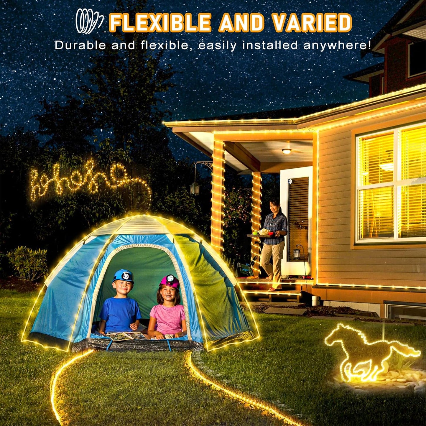 Rope Lights for Outside, 66FT 200 LED Christmas Lights Outdoor with 8 Modes Waterproof, Connectable Warm White String Lights for Indoor, Bedroom, Tree, Garden, Backyard, Patio, Pool Decorations