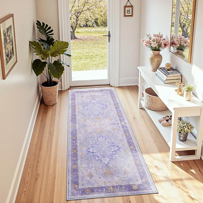 RELEANY Area Rugs 2'x5' Runner Rug Non Slip Washable for Kitchen Hallway Bedroom Beside Laundry Room Bathroom Rug, Floor Carpet, Light Purple Brown