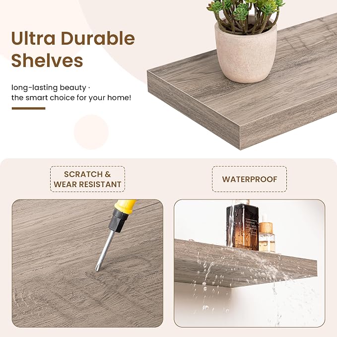 30in Floating Shelves for Wall, 30"W x 9.25"D x 1.25"H, 2 Pack Long Wall Mounted Engineered Wood Shelves with Invisible Brackets for Living Room, Bedroom, Bathroom, Kitchen Decor and Storage, Grey