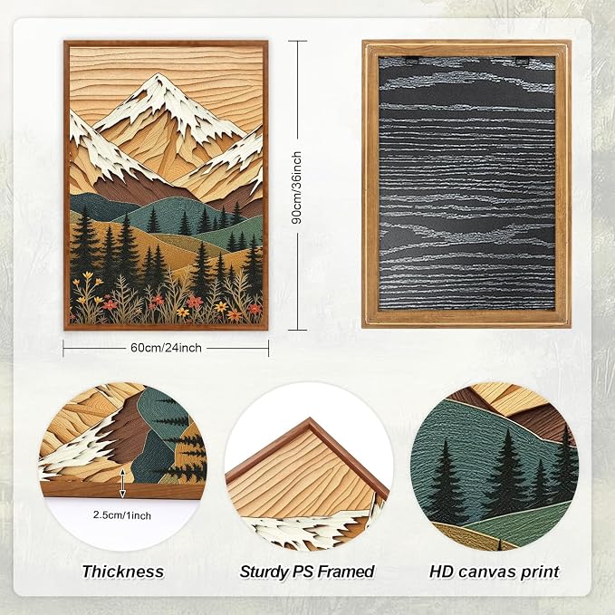 LHIUEM Vintage Woodcut Mountain Framed Canvas Wall Art,Forest Pine Tree Boho Wall Decor,Wilderness Sunset Landscape Artwork for Living Room,Bedroom,Dining Room,Office -24"x36"x3