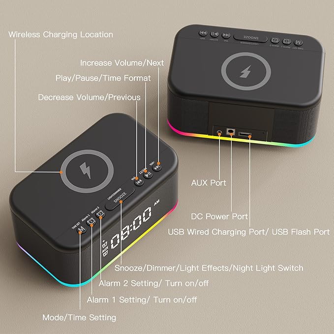 Wireless Charging Alarm Clock Bedroom, Digital Alarm Clocks Bedrooms Bluetooth, Loud Bluetooth Speaker Alarm Clock Night Light Dual Alarm Snooze 12/24H Dimmer Bluetooth AUX USB Charging, Black