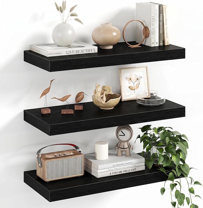 Fun Memories Floating Shelves, 20 Inch Floating Shelves, Wall Mounted Rustic Wood Shelf for Bathroom, Living Room, Bedroom and Kitchen, Hanging Shelf for Storage, Books, Home Decor, Black - Set of 3