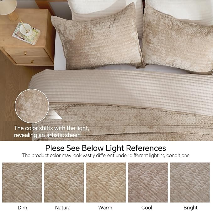 BEDELITE Velvet Quilt Set Queen Size - Luxury Soft Velvet Comforter Bedding Set for All Season, Lightweight Quilted Channel Stitch Oversized Bedspread Coverlet with 2 Matching Shams, Taupe