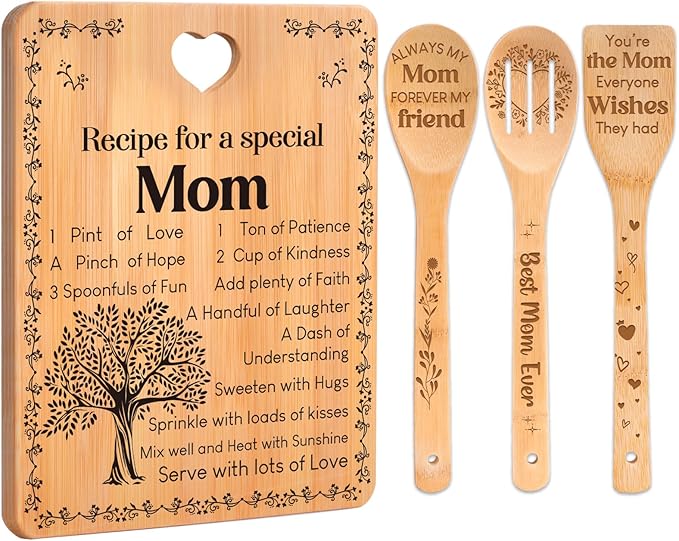 Gifts for Mom - "Recipe for a Special Mom" Mom Birthday Gifts Cutting Board Set, Bamboo-Made Engraved Utensil Set, Birthday Gifts for Mom from Daughter/Son, Mothers Day Gifts