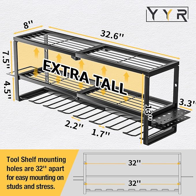 YYR Heavy Duty Power Tool Organizer Wall Mount, Cordless Drill Hanger Storage Rack, Battery Tools Holder with Charging Station Shelf for Garage Organization, Workshop, Pegboard, Shed - 32 Inch 8 Slots