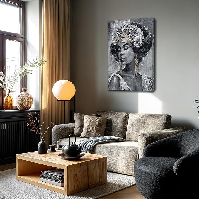 ZUNARE Vertical Ethnic Woman Wall Art Grey Gold Abstract Figure Canvas Painting Contemporary Cultural Artwork for Living Room Hallway Office 32x48inch