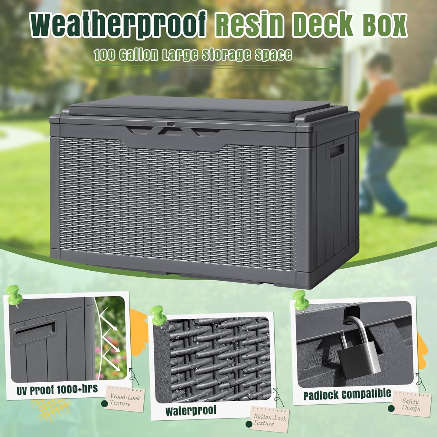 Greesum 100 Gallon Resin Deck Box Large Outdoor Storage with Cushions for Patio Furniture, Garden Tools, Pool Supplies, Weatherproof and UV Resistant, Lockable, Gray