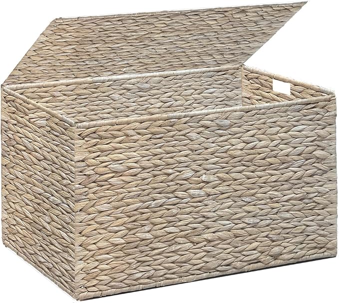 Water Hyacinth Storage Basket with Lid, 27.7 Gallon (105L), White | Large Blanket Storage Basket with Handles, Woven Storage Bin, Foldable, Metal Frame, for Bedroom, Laundry Room, Living Room