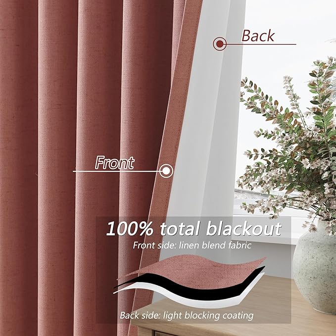 Guken 100% Blackout Curtains 90 Inch Length 2 Panels Set for Girls Bedroom Back Tab Thermal Insulated Black Out Linen Drapes Room Darkening Window Curtains 90 Inches Long,Dusty Rose