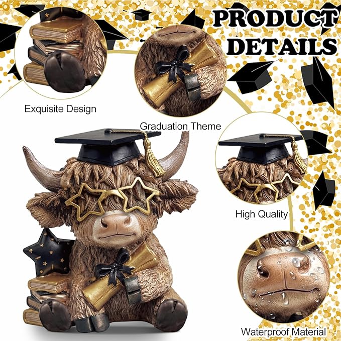 Karenhi 2 Pcs 2026 Graduation Highland Cow Figurines, Resin Congrats Grad Desk Decorations with Cap and Diploma, Cute Cow Keepsake Gifts for Party, Shelf or Desk Table Centerpiece Decor