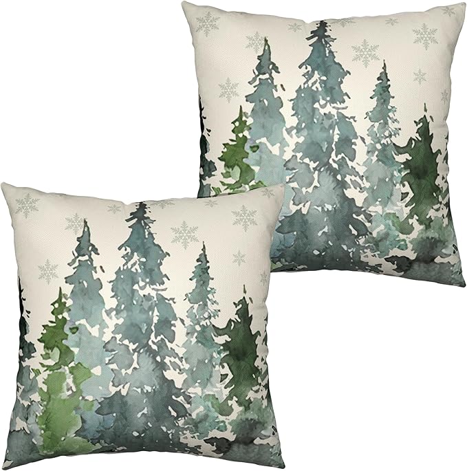 Green Watercolor Pine Tree Pillow Covers 24x24 Winter Rustic Nature Forest Pillow Case Set of 2 Misty Forest Woodland Cotton Linen Cushion Case for Farmhouse Couch Living Room