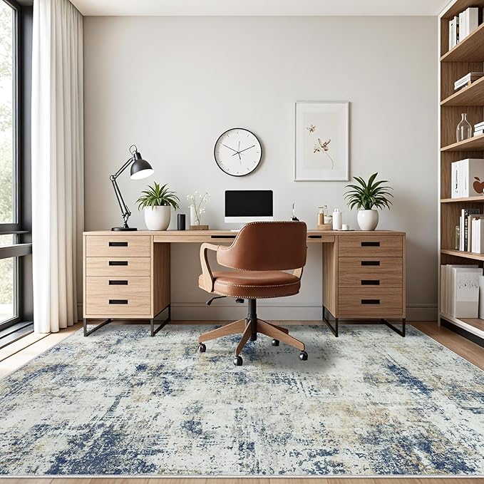 Washable Rug 6x9 Area Rugs: Soft Large Living Room Rug with Anti-Slip Backing Non-Shedding Stain-Resistant Modern Abstract Carpet for Bedroom Dining Room Nursery Home Office Blue Brown