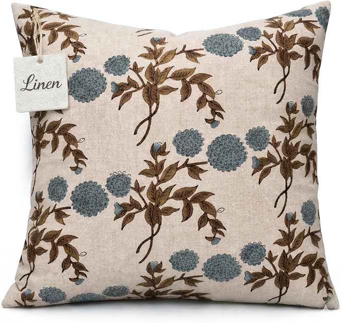 Linen Blue Throw Pillow Covers 18x18 inch Floral Pillows Spring Decorative Pillow Covers for Living Room Bedroom