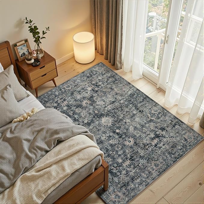 Rugxara 3x5 Rug for Entryway Bedroom, Blue 3x5 Washable Area Rug, Vintage Retro Boho Throw Rug, Non Slip & Low Pile Small Carpet for Indoor Kitchen, Bedside, Living Room, Bathroom and Dining
