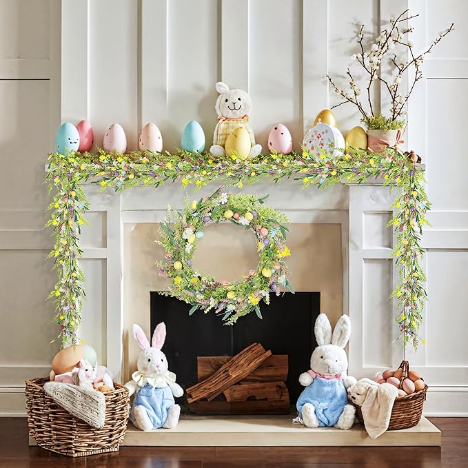 2Pcs 6.5 ft Easter Garland-Spring Garland Egg and Mixed Berry Garland Hanging Rustic Spring Pastel Wreaths DIY Artificial Decorations Garland for Home Indoor Outdoor Easter Mantel Decorations