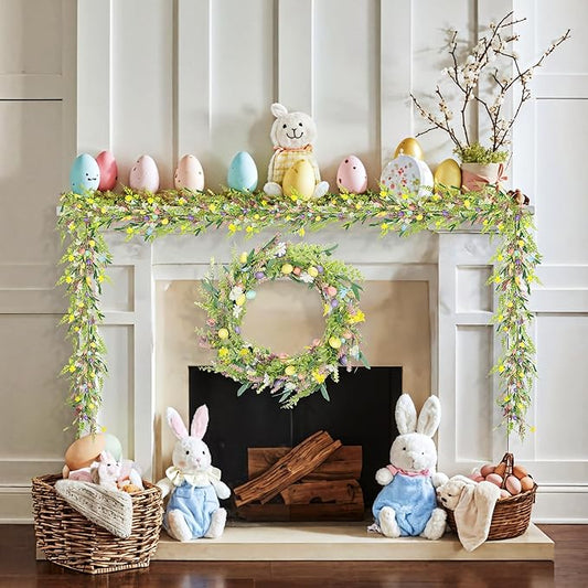 2Pcs 6.5 ft Easter Garland-Spring Garland Egg and Mixed Berry Garland Hanging Rustic Spring Pastel Wreaths DIY Artificial Decorations Garland for Home Indoor Outdoor Easter Mantel Decorations