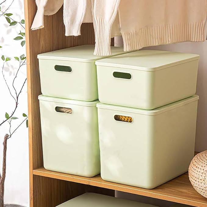 4 pack large plastic White storage bins with Lids, Toy Box Chest with Handle，Organizer Containers Baskets for Baby,Nursery，Shelves，Playroom, Bedroom，Office,Closet，home (Light Green, 4M)