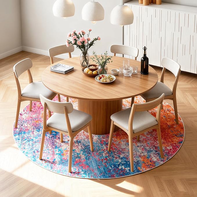 Rugflix Round Area Rugs 4Ft for Living Room, Washable Circle Rug Stain-Resistant Low Pile, Modern Dark Carpet for Bedroom Dining Room Home Office Kid Nursery Room, Rainbow