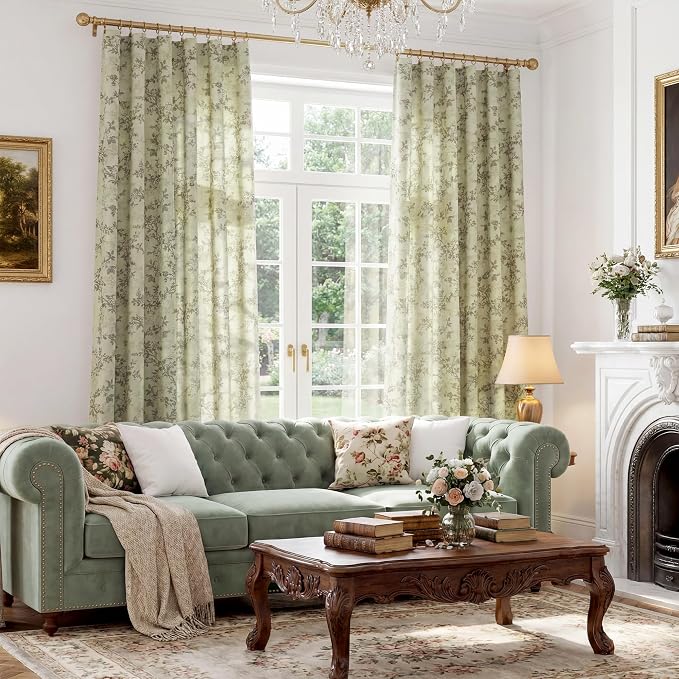StangH Floral Linen Curtains 96 Inches Long, Elegant French Country Botanical Butterfly Light Filtering Privacy Drapes for Living Room/Bathroom, Sage Green, W52 x L96, 2 Panels