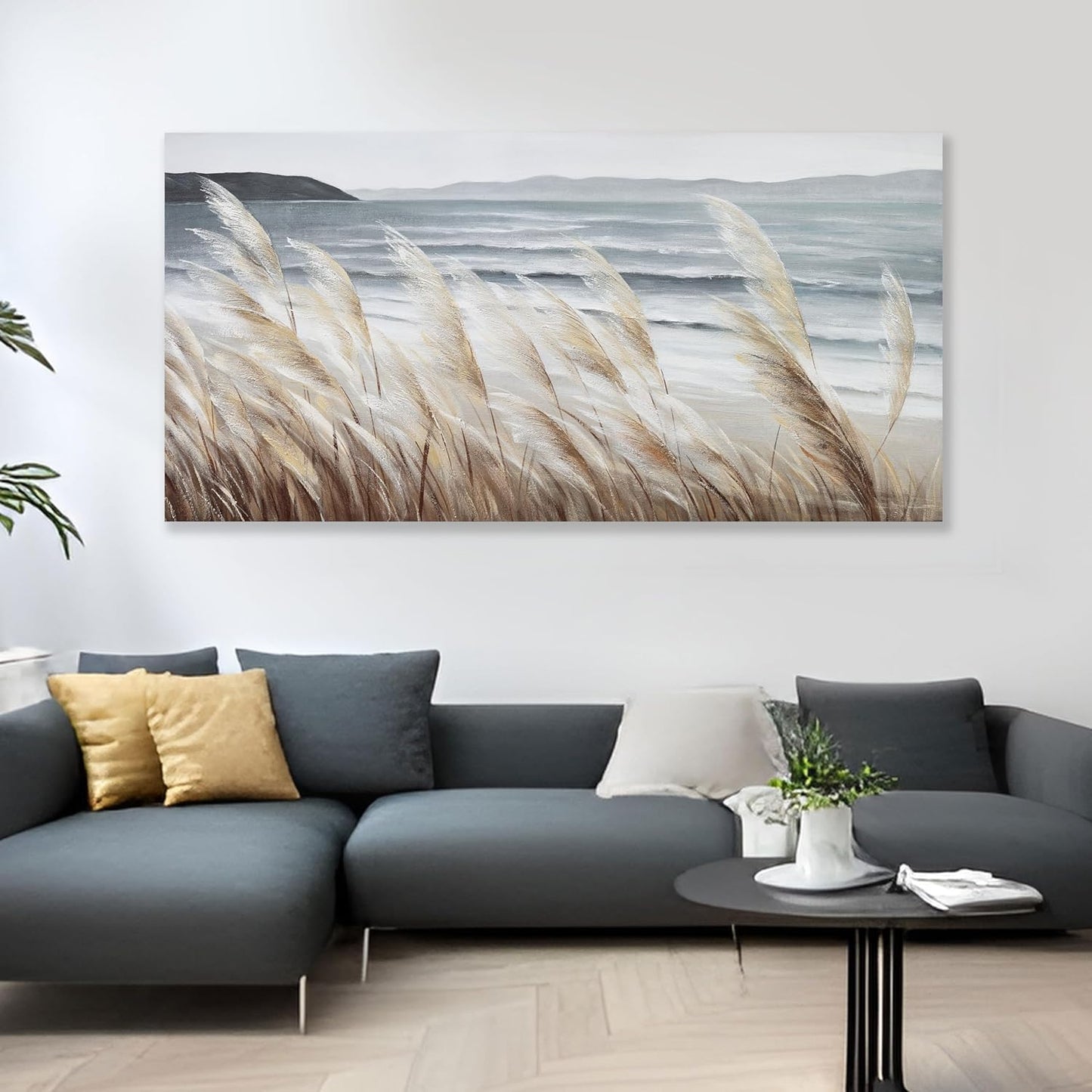 Plant Wall Art Nature Wall Art Reed Seascape Canvas Painting Wall Decor Framed Artwork for Bedroom Living Room Decoration Home Kitchen Office 29"x58"