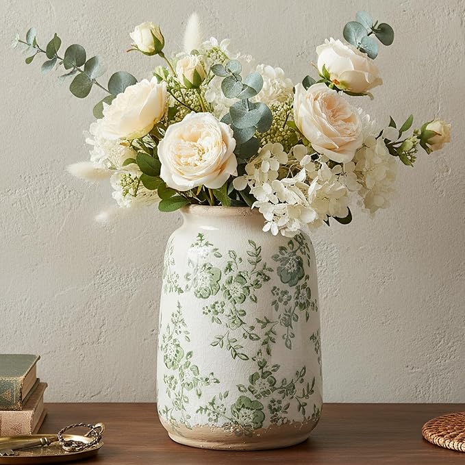 Ronasip Vintage Blue and White Chinoiserie Ceramic Vase, 6.9” Hand-Painted Peony Floral Design, Antique Style Vases for Home Decor, Centerpieces, Living Room, Balcony (Green and White)