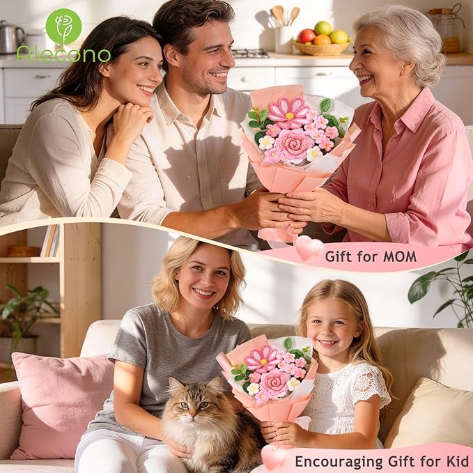 Alecono Crochet Flower Bouquet, Knitted Flowers, Pink Handmade Bouquet of Flowers for Mother's Day Anniversary Birthday Party Graduation Valentine's Day Gifts (Include Card)