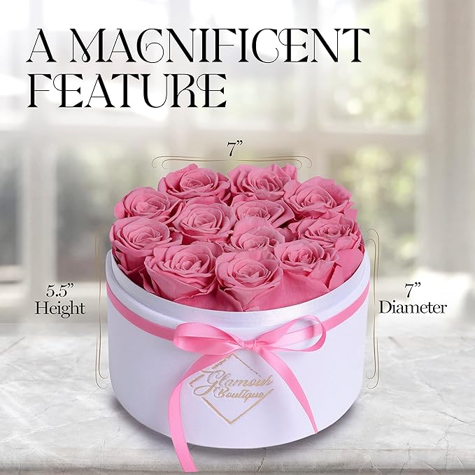 GLAMOUR BOUTIQUE Flower Forever Gift Box, 12 Real Preserved Roses in Round Velvet White Box, Handmade Floral Gift with Rose Petals for Birthday, Anniversary or Graduation, Pink (Color-Treated)