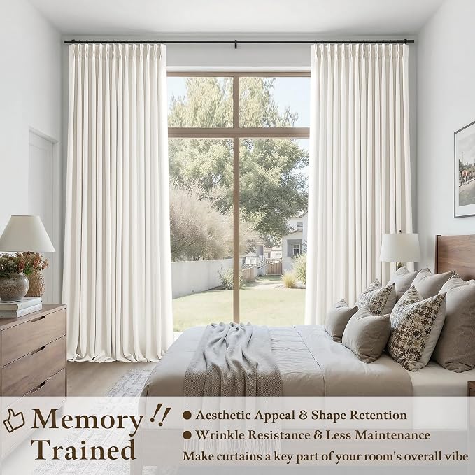 120 Inch Extra Long Ivory Cream Linen Curtains 2 Panels Set for Living Room, Memory Trained Pinch Pleated Ceiling Drapes with Back Tab Birch Light Filtering Semi Sheer Off White Window Curtains