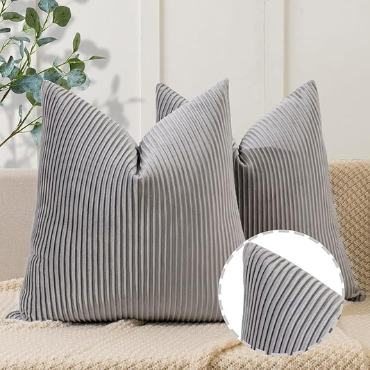 YCOLL Dark Gray Pillow Covers 22x22 Set of 2 Velvet Striped Pattern - Soft Throw Pillows for Home Decor, Luxury Decorative Pillow Covers for Couch, Bed,Living Room