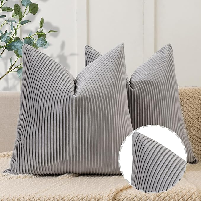 YCOLL Dark Gray Pillow Covers 18x18 Set of 2 Velvet Striped Pattern - Soft Throw Pillows for Home Decor, Luxury Decorative Pillow Covers for Couch, Bed,Living Room