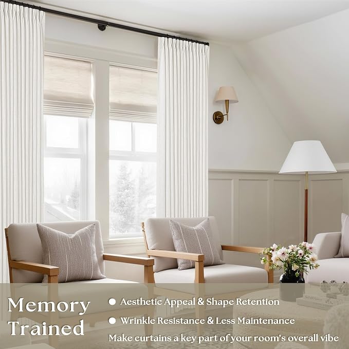 Off White Linen Pinch Pleated Curtains 80 Inches Long 2 Panels for Living Room Bedroom Beige White Textured Linen Pleated Hooks Rings Back Tab Boho Neutral Light Filter Curtain Drapes 80 Inch Length
