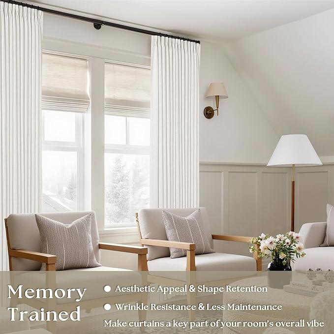 Pinch Pleated Linen Curtains 98 Inches Long for Living Room Bedroom Light Filtering Boho Window Drape 98 inch 2 Panels with Hooks Rings Cream Beige White Sliding Glass Door Semi Sheer Curtain