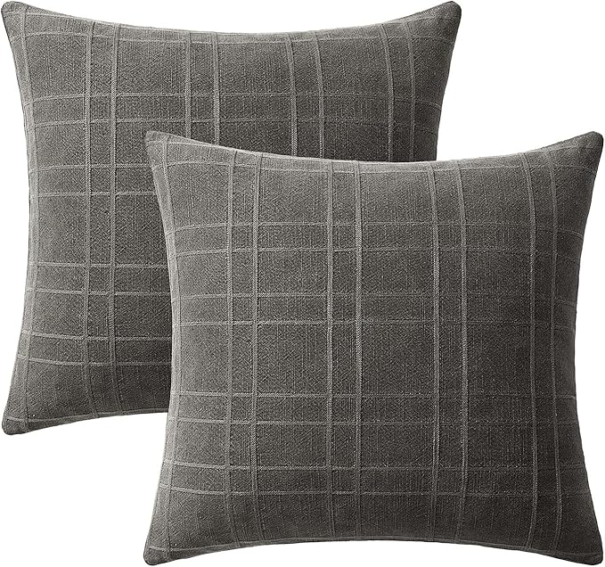 MIULEE Decorative Linen Check Lumar Throw Pillow Covers Neutral Farmhouse Vintage Pillow Covers 24x24 Inch Set of 2 Boho Modern Home Decor for Sofa Couch Bedroom Cushion Chair Charcoal Gray