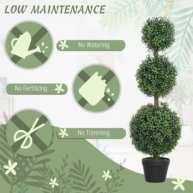 HOMCOM Artificial Plants Topiary Ball-Shaped Boxwood Trees in Pot Set of 2 Fake Plants for Home Indoor Outdoor Front Porch Decor, 40 Inch, Green