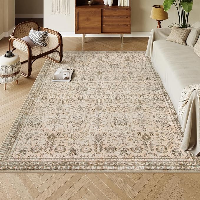 Lahome Boho Beige Rugs for Living Room, 5x7 Vintage Soft Bedroom Area Rug | Soft Vintage Stain Resistant Non Shedding Nursery Carpets for Nursery