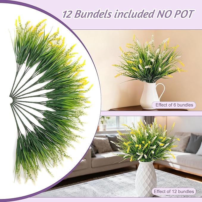 Ammyoo Artificial Faux Plants for Outdoor Spring Decoration, 12 Pcs Fake Monkey Grass for Garden Porch Balcony Planters, Fake Flowers Shrubs UV Resistant No Fade Plants Greenery Bush(Yellow White)