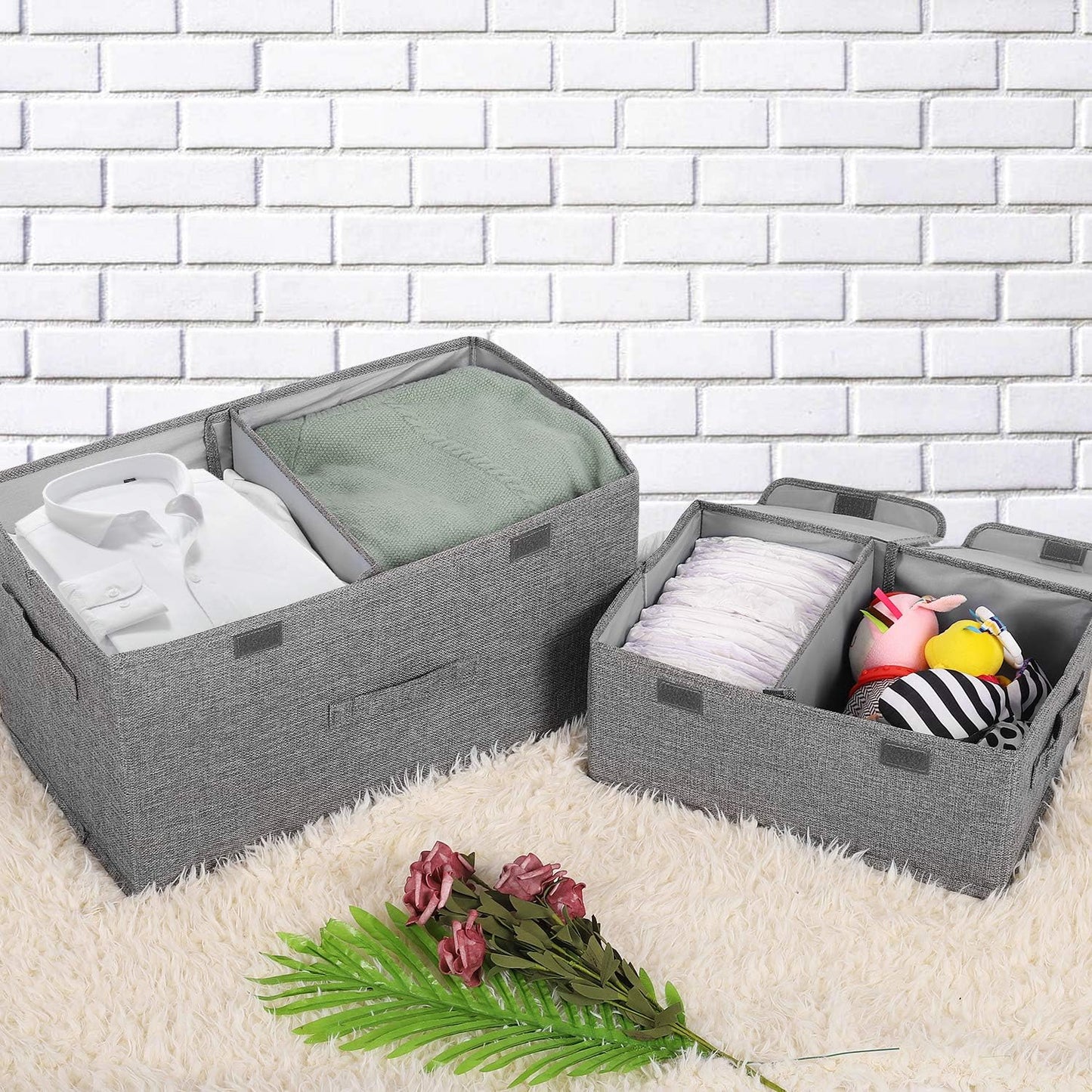 2 Pack Large Linen Fabric Collapsible Storage Bins with Lid and Handles, Washable Storage Box Baskets Cube with Removable Divider for Bedroom,Closet,Office,Living Room,Nursery (Black, Large)