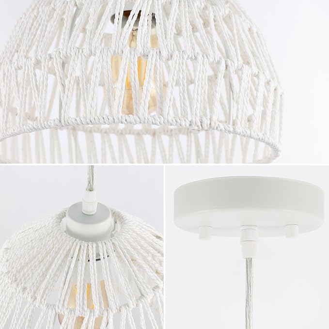 JONATHAN Y 10.25" White Modern Bohemian Woven Rope LED Pendant Light Fixture, Adjustable Dome Ceiling Lamp for Kitchen Island, Rope Shade, Coastal Farmhouse Decor (JYL6513A)