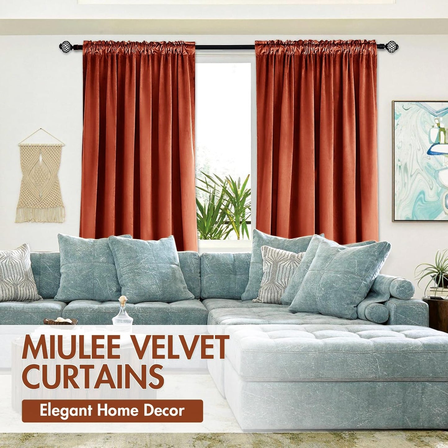 MIULEE Burnt Orange Velvet Curtains Thermal Insulated Blackout Curtain Fall Drapes for Bedroom Living Room Darkening 96 Inches Long Rust Terracotta Panels Rod Pocket Set of 2