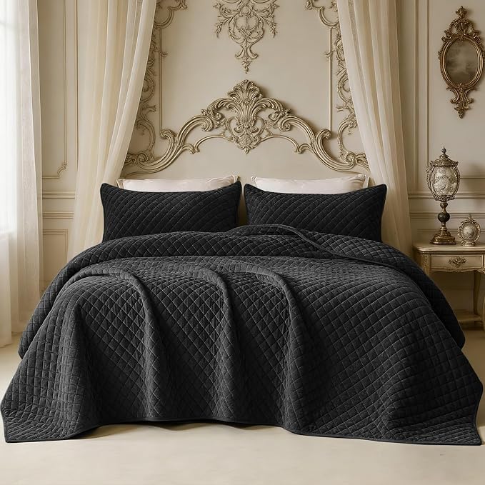 Velvet California King Quilt Size Set 106x118 Luxury Soft Bedspread Coverlet 3-Piece King Comforter Sets with 2 Pillow Shams 20x36 Super Cozy for All Seasons Velvet Bedding Set, Black