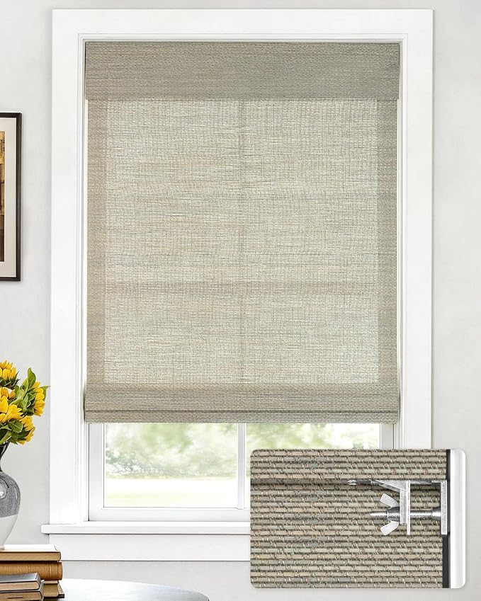 LazBlinds No Drill Cordless Bamboo Roman Shades, Light Filtering Blinds for Indoor Windows, Roll Up Bamboo Blinds for Home, 26" W x 64" H, Star-Grey