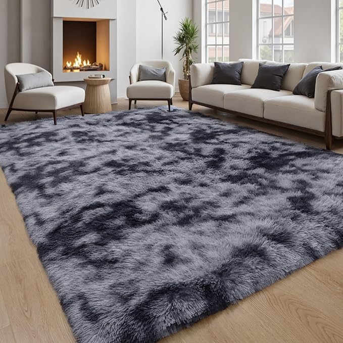 Grey Fluffy 8x10 Large Area Rugs for Bedroom Living Room,Tie-Dye Dark Gray Soft Washable Shag Carpet for Kids Room, Nursery, Dorm Decor, Colorful Cute Plush Fuzzy Rugs for Baby Toddler