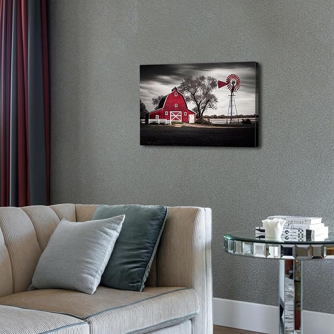 Red and Black Old Barn Wall Art Farmhouse Windmill Wall Decor Living Room Vintage Country Picture Canvas Prints Framed Farm Landscape Painting Modern Artwork Bedroom Kitchen Home Decorations 16x24”