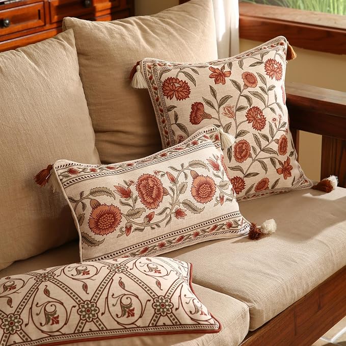 ISAENNE Designer Vintage French Linen Throw Pillow Cover,20"x12"-Albano C | Elegant Rectangle Pillow Cover,Concealed Zipper Design,Floral Pattern,Sofas,Bedroom,Living Room,Lounge Chairs,Decor