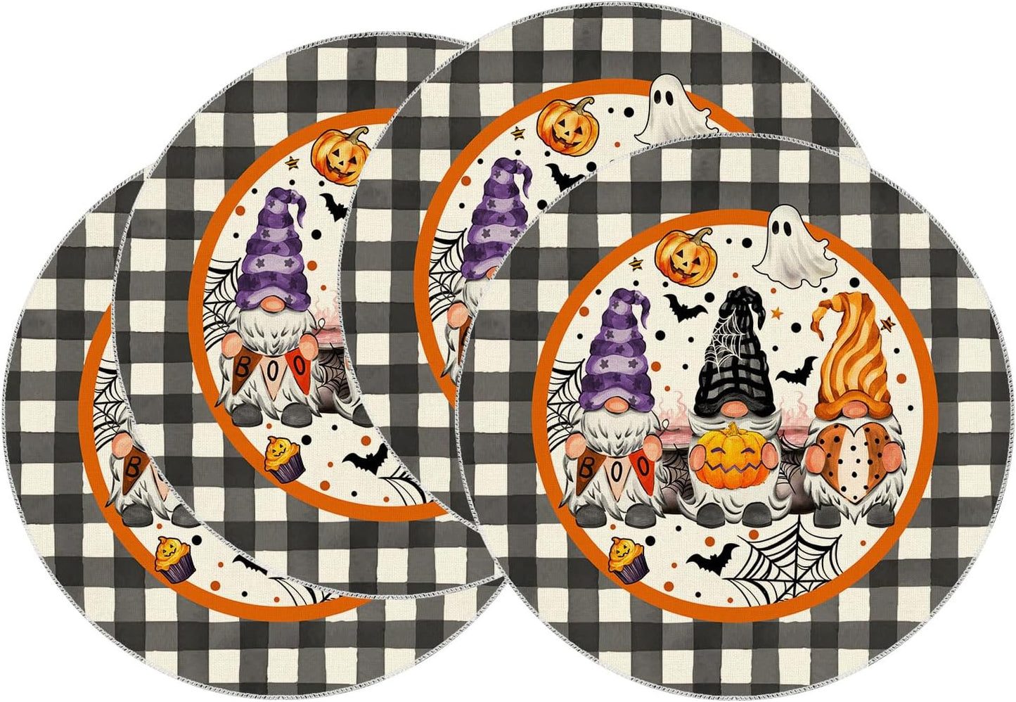 XCHI Spooky Boo Plaid Gnome Halloween Round Placemats Set of 4 Table Mats for Party Home Kitchen Dining Table Decorations 14x14 Inch
