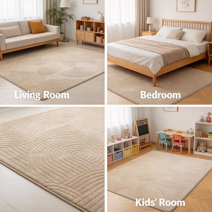 Brown 5x7 Solid Color Area Rugs – Washable Living Room Rug, Modern Geometric Non-Slip Indoor Carpet with Soft High-Low Pile, Fluffy Floor Rugs for Bedroom, Kids Room, Nursery, Home Décor